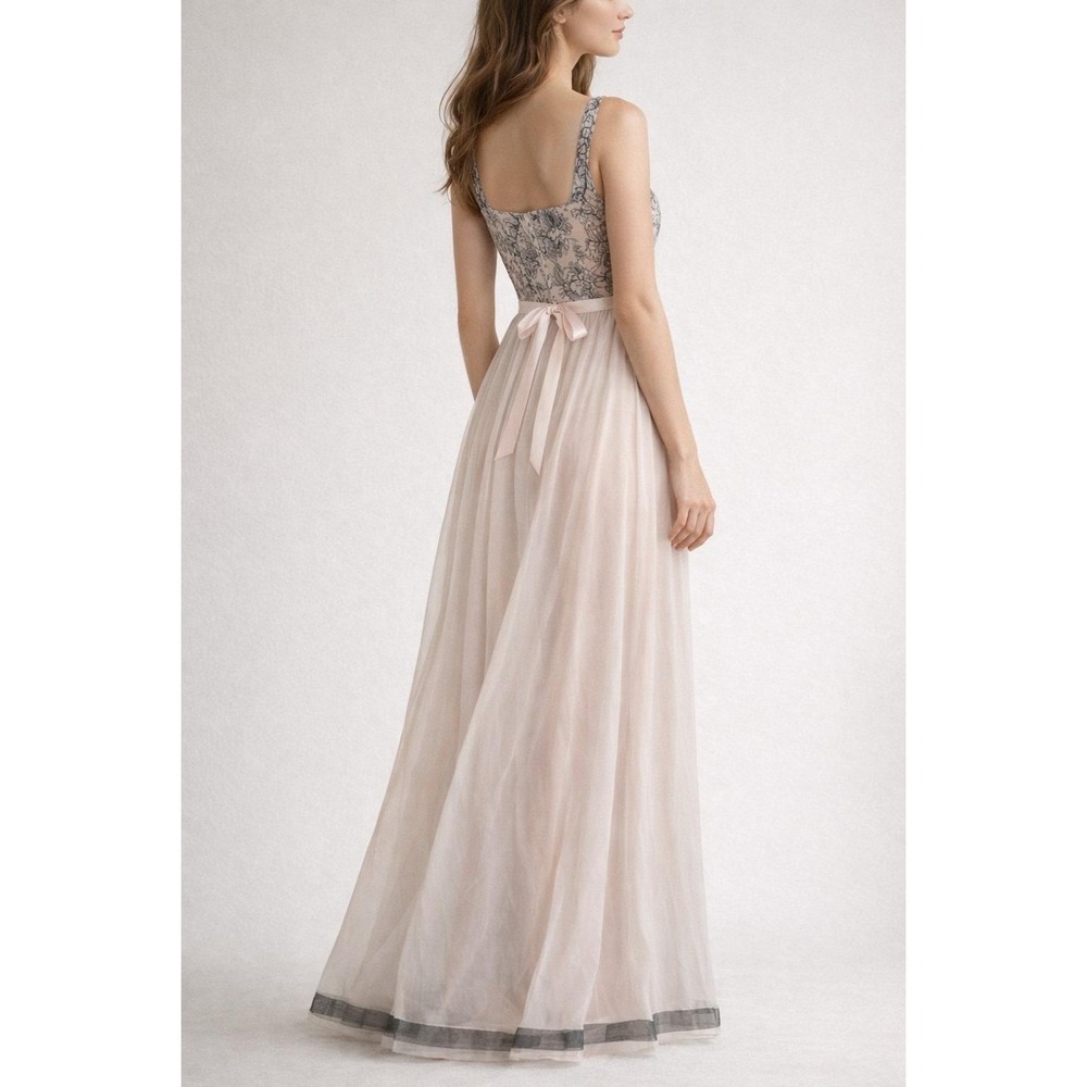 Vintage Blush Pink Long Slip Nightgown Black Floral Embroidered Shear Bodice S/M